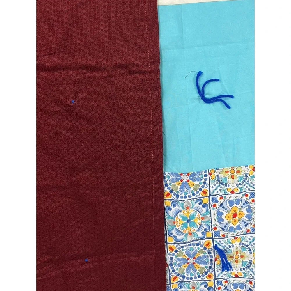 Handmade Patchwork Tied Quilt Mediterranean Tile Print Multi Color Throw Blanket